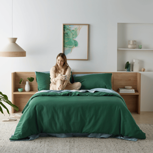 Staydry Linen Look Water-Resistant Quilt Cover Set in Manchester style, featuring a durable, water-resistant fabric with a stylish linen appearance.