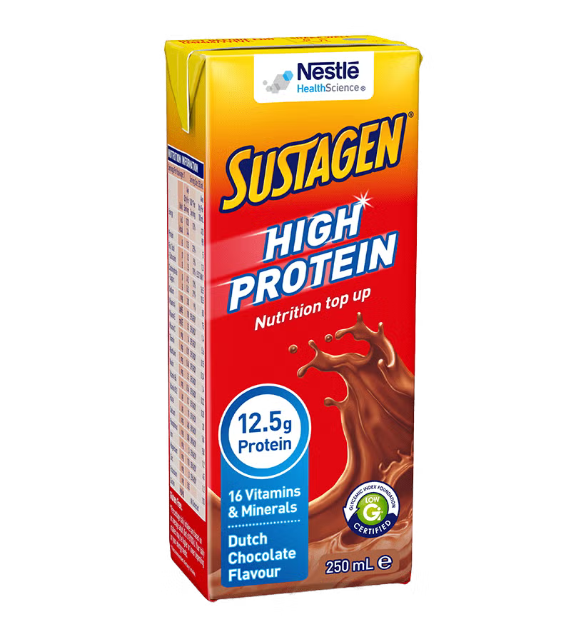 Nestlé Sustagen Ready to Drink Dutch Chocolate 250mL cartons in a pack of 24, showcasing rich chocolate flavor.