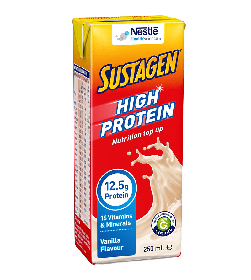 Nestlé Sustagen Ready to Drink Vanilla nutrition drink carton, 24 x 250mL, featuring vanilla flavor packaging design.