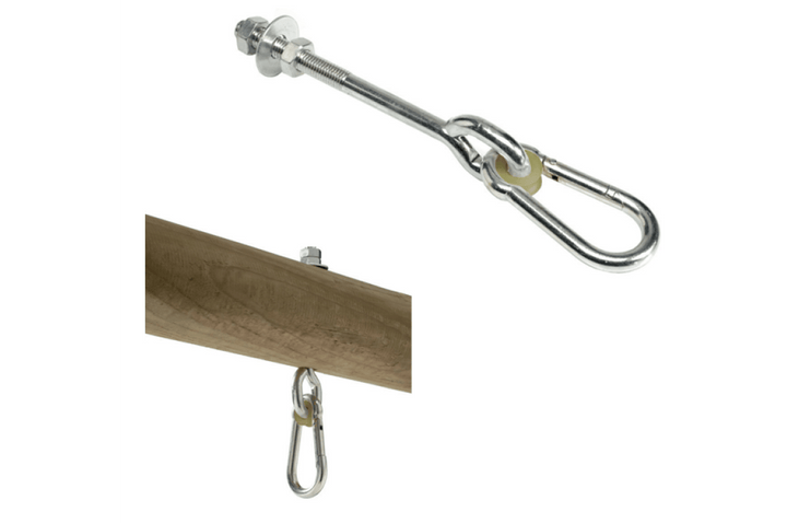 Silver snap hooks measuring 140mm and 12mm, designed for special needs play equipment use.