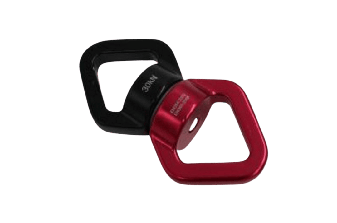 Red and black safety rotational swing hook for play equipment, designed for secure use by children with special needs.