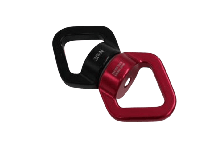 Red and black safety rotational swing hook for play equipment, designed for secure use by children with special needs.