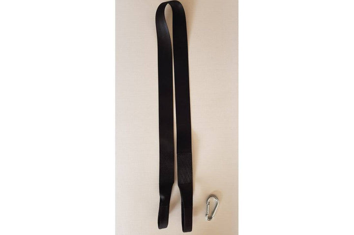 Black tree strap with carabiner, designed for play equipment by Special Needs Play Equipment.