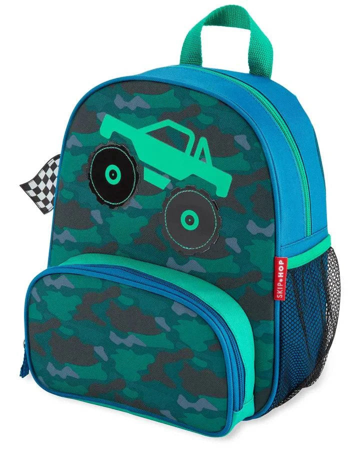Colorful modified backpack for nutrition tubing by Tubie Fun, shown with a truck design on the front.