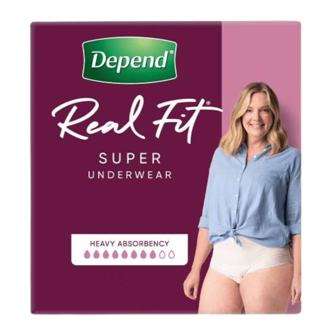 Depend Real Fit Super women's underwear 8 pack from Incare Supports, featuring a comfortable, discreet design for continence care.