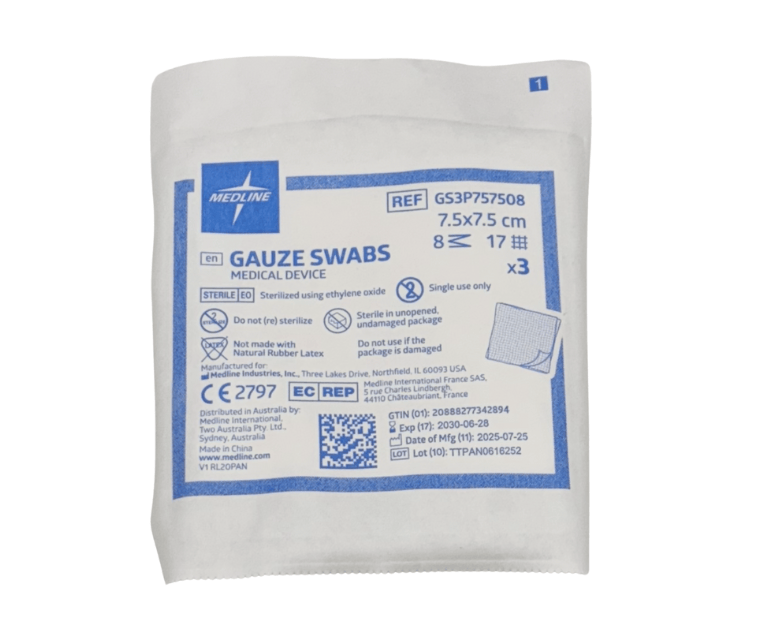 Medline 7.5cm x 7.5cm 8PLY gauze swabs in a pack of three for effective wound care and dressing.