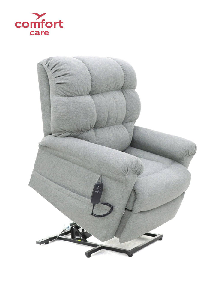 Pinnacle Comfort Care Cloud 2 motor power lift recliner in plush fabric with padded armrests and reclining feature.