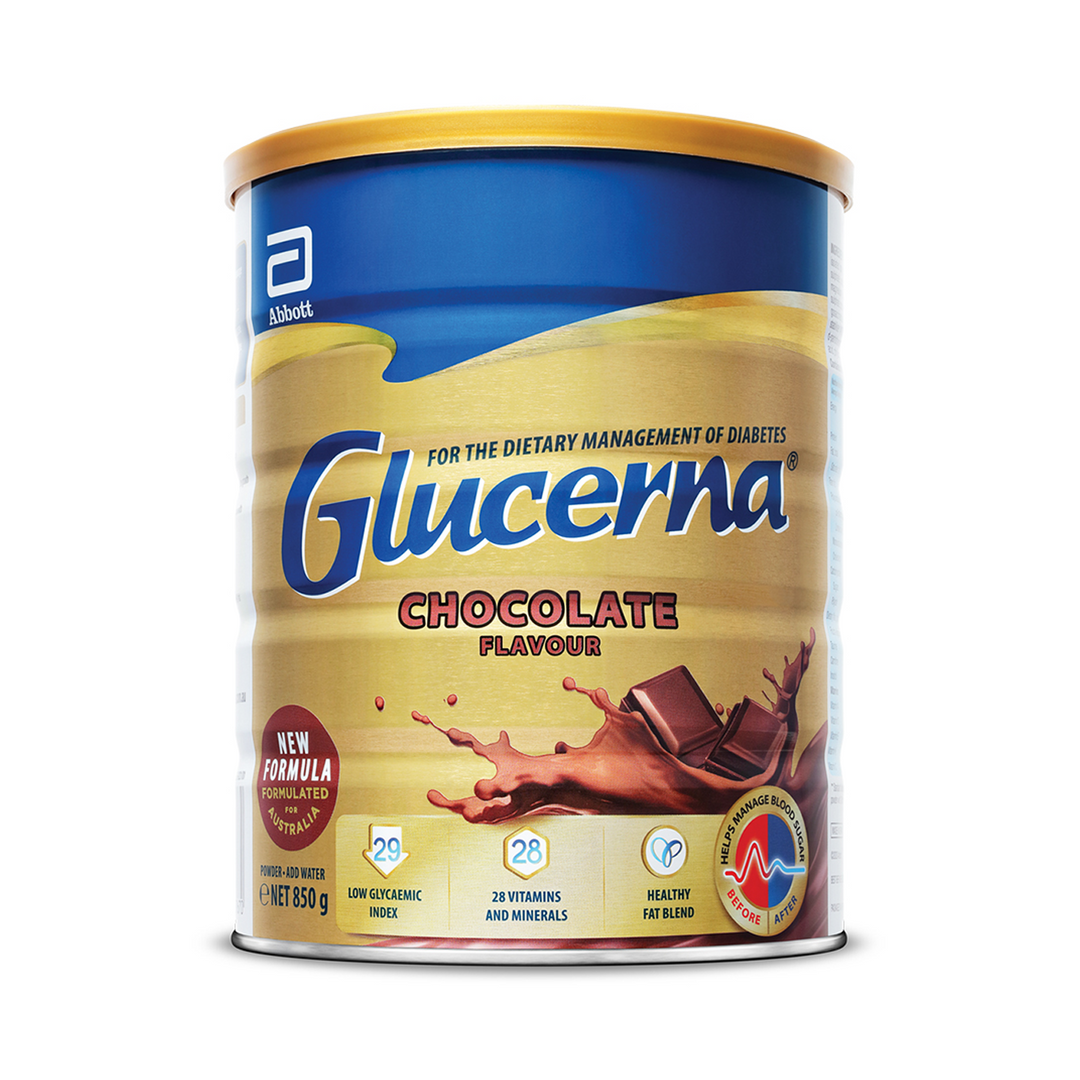 DHL Glucerna Chocolate Nutrition Powder in 6 containers of 850g each, showing the chocolate-flavored supplement packaging.