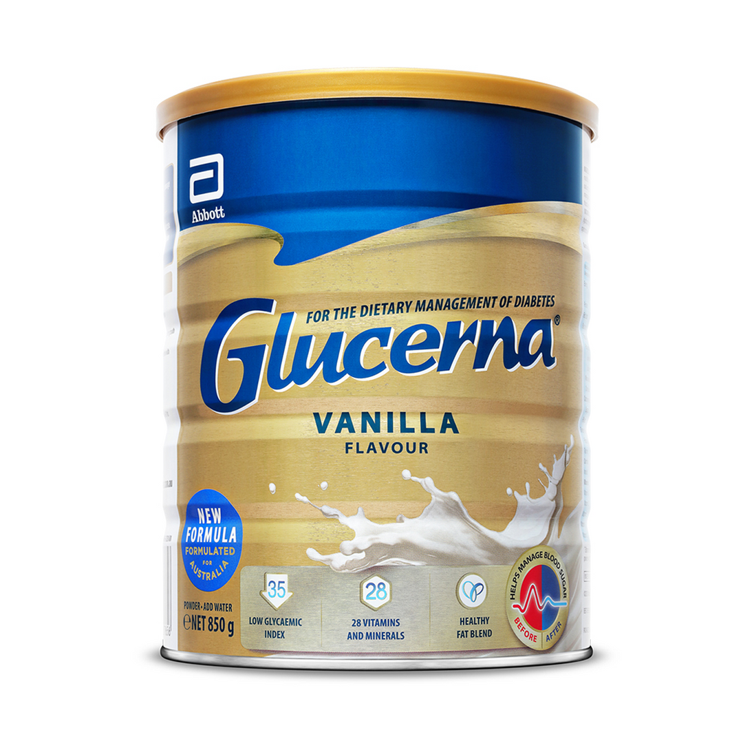DHL Glucerna Vanilla Nutrition Powder in six 850g containers, featuring vanilla-flavored dietary supplement packaging.