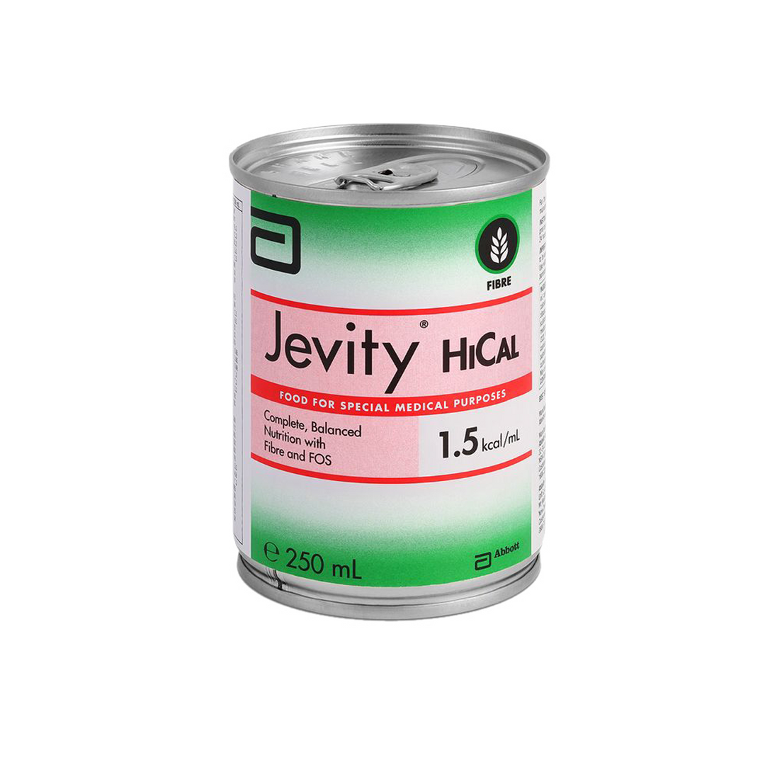 Jevity HiCal unflavoured nutrition can, 250mL, by DHL, showcasing the packaging design and nutrition facts.