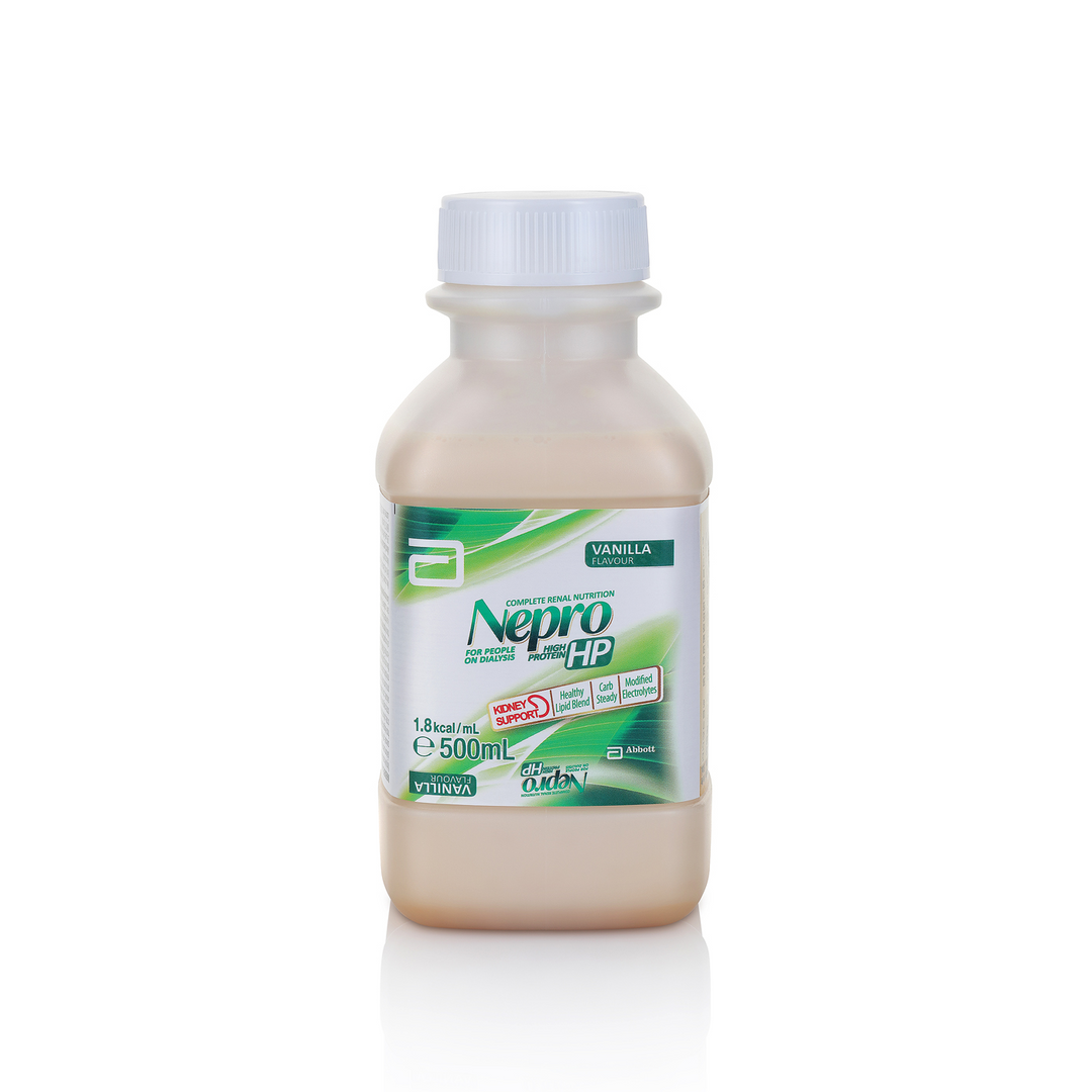 DHL Nepro HP Ready To Hang Vanilla nutrition drink in 500mL bottle, front view showcasing packaging and label details.