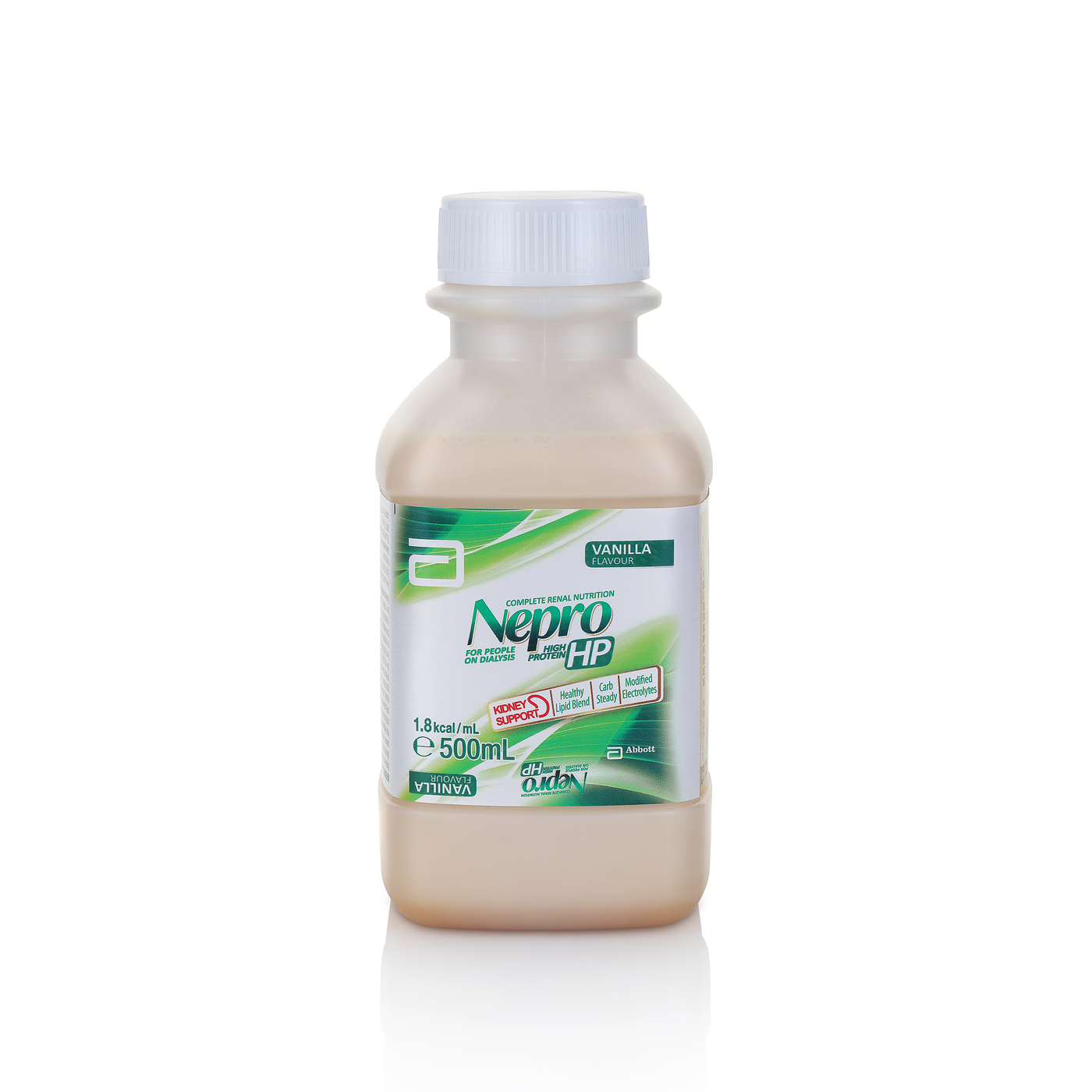 DHL Nepro HP Ready To Hang Vanilla nutrition drink in 500mL bottle, front view showcasing packaging and label details.
