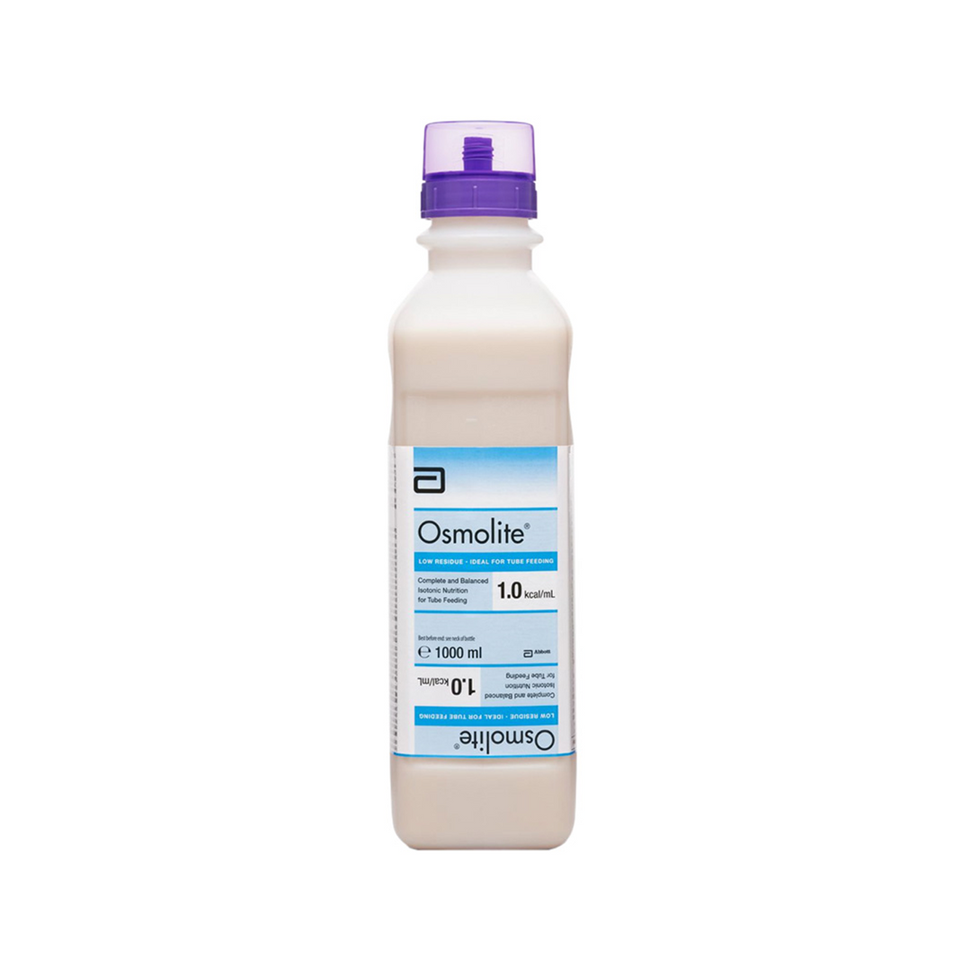 Osmolite Ready To Hang unflavoured nutrition bottles, 1000mL each, arranged for easy dispensing by DHL.