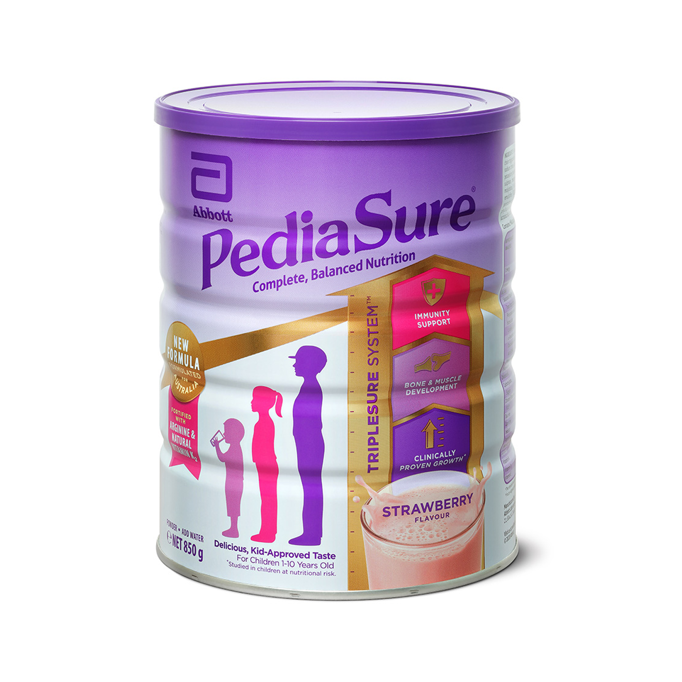 PediaSure Strawberry powder in a 850g pack, featuring nutrition for children, by DHL, displayed on a white background.