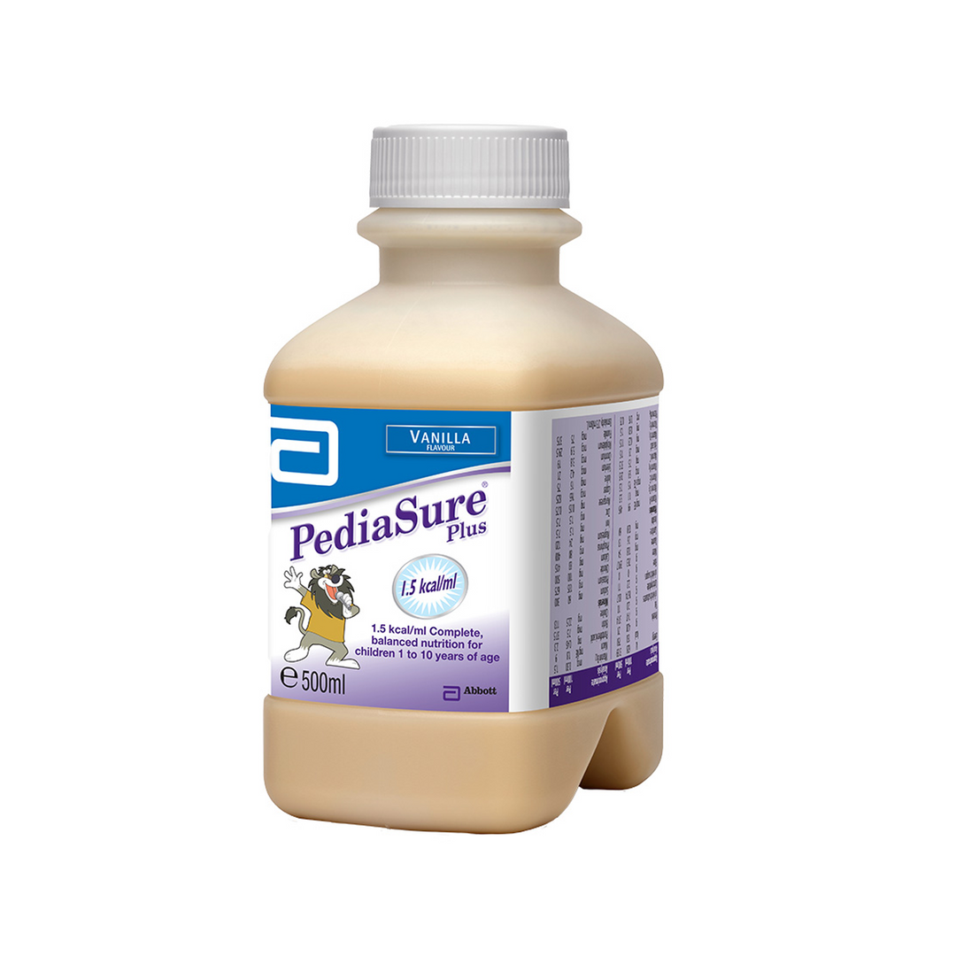 PediaSure Plus Ready To Hang Vanilla nutrition drink bottles, 500mL each, by DHL, displaying packaging and labeling details.