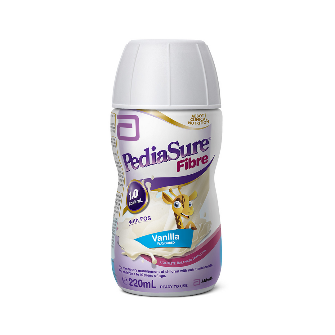 DHL PediaSure Fibre vanilla ready-to-drink nutritional supplement bottles, 30 x 220mL, with vanilla flavor and fiber content.