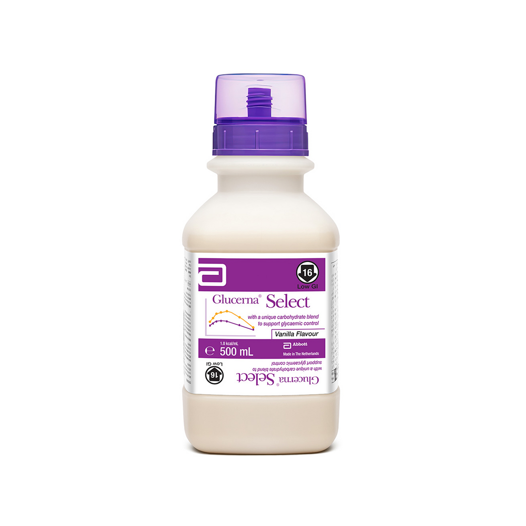 Glucerna Ready to Hang Vanilla nutrition drink in 500mL bottles, featuring a sleek design and clear labeling.