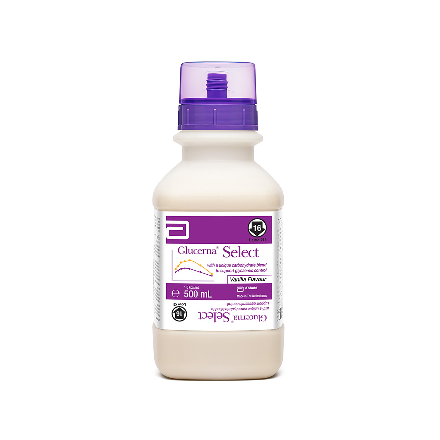 Glucerna Ready to Hang Vanilla nutrition drink in 500mL bottles, featuring a sleek design and clear labeling.