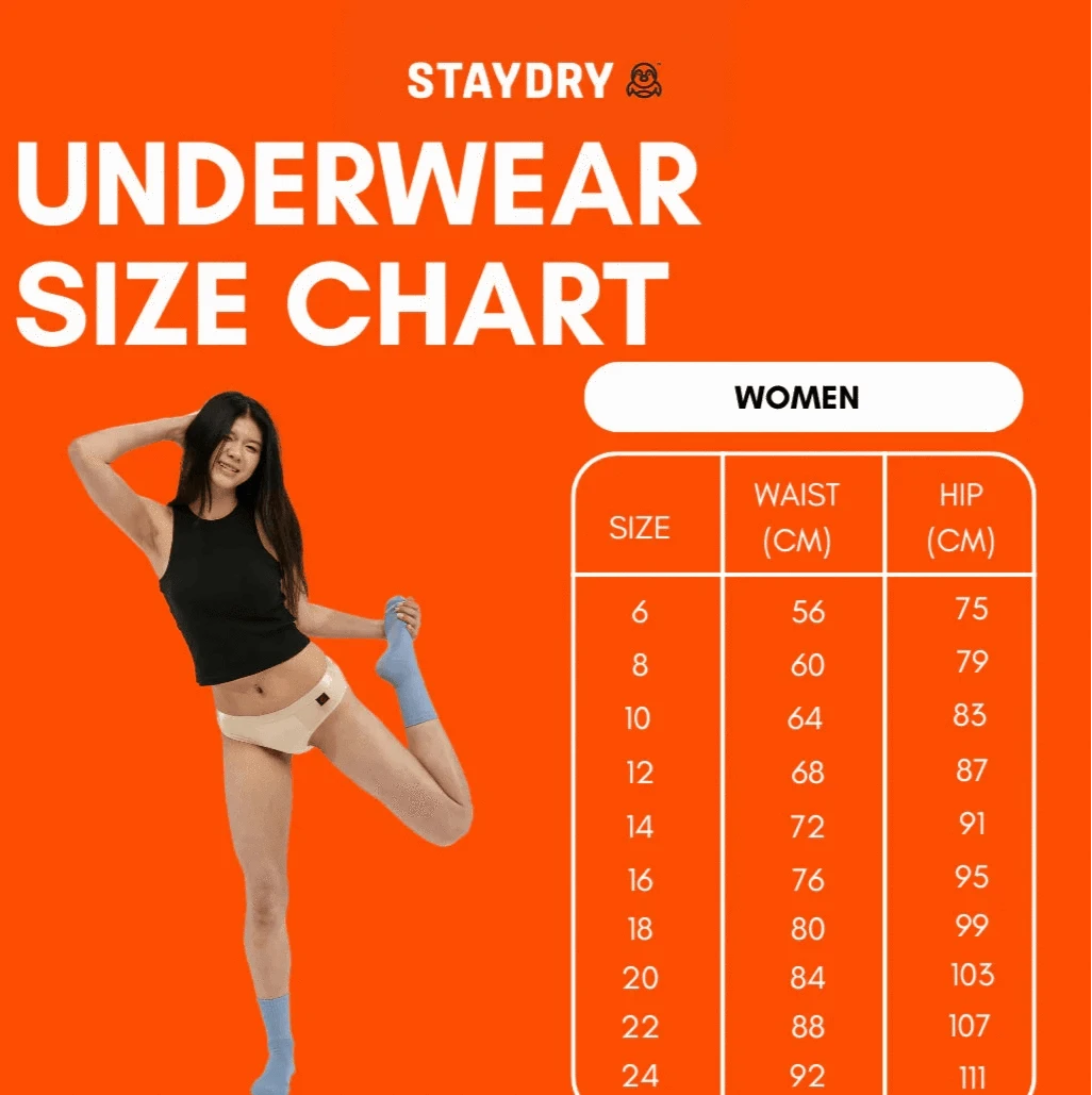 Staydry women's hipster brief size chart displaying measurements for a comfortable fit in continence products.