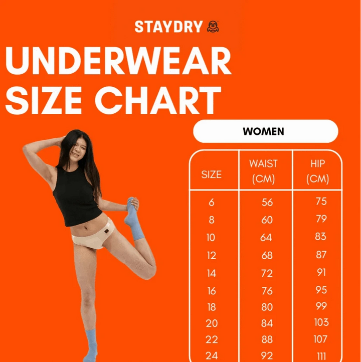 Staydry women's hipster brief size chart displaying measurements for a comfortable fit in continence products.