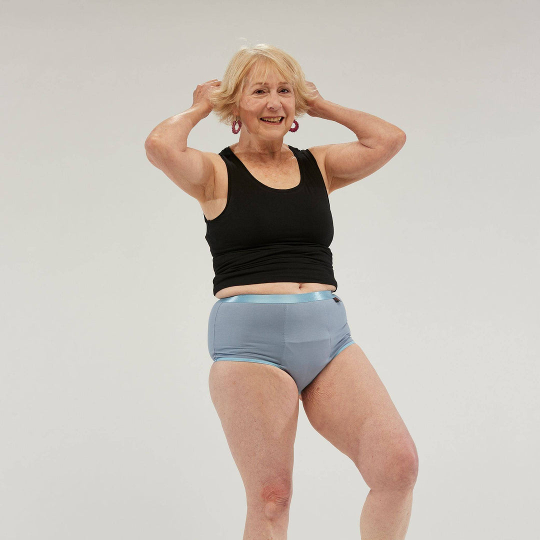 Staydry women's full brief in blue, designed for comfort and continence support.