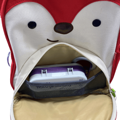 Tubie Fun Modified Backpack for nutrition, featuring adjustable straps and multiple compartments for medical supplies.