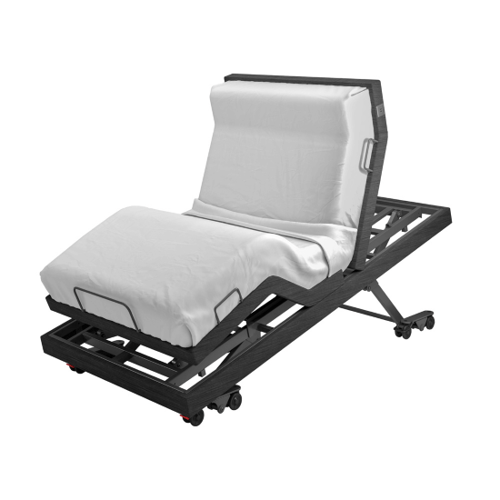 Aidacare ASPIRE ComfiMotion Activ Care UltraLow Bed in Portobello Grey, long double size, with adjustable side rails and control panel.