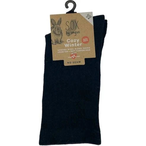 Black Angora wool blend loose top socks with cushion sole and no seam by Sox By Angus, displayed against a neutral background.