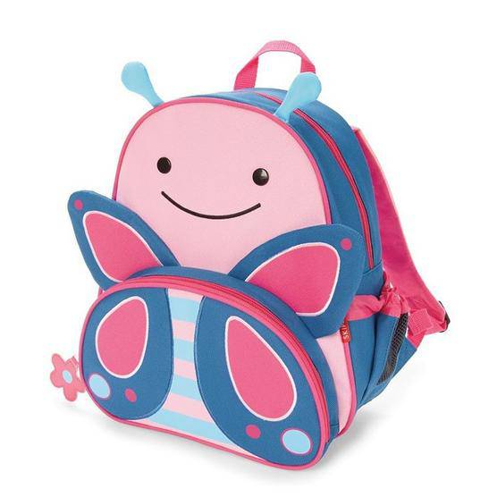Colorful butterfly-shaped backpack for nutrition tubing, designed by Tubie Fun, featuring adjustable straps and vibrant butterfly pattern.