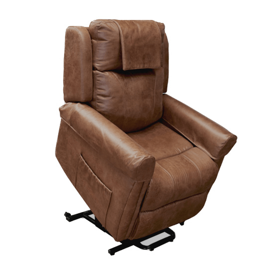 Aspire Raphael Quattro Powerlift Recline Chair in bronze, showcasing small size and plush upholstery for comfort.
