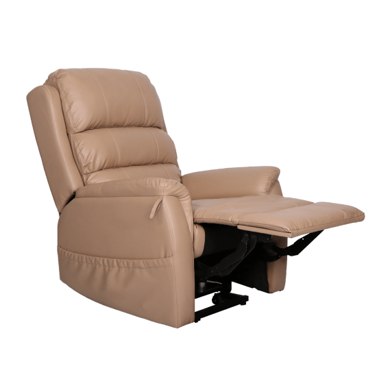 Aspire IDAHO Lift Recline Chair by Aidacare in latte vinyl, showcasing dual-action reclining feature and comfortable design.