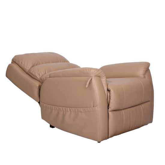 Aspire IDAHO dual action lift recline chair in latte vinyl by Aidacare, showcasing its comfortable design and functionality.