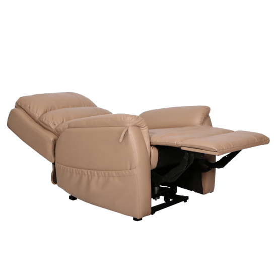 Aspire IDAHO dual action lift recline chair in latte vinyl, showcasing its comfortable design and functional features.