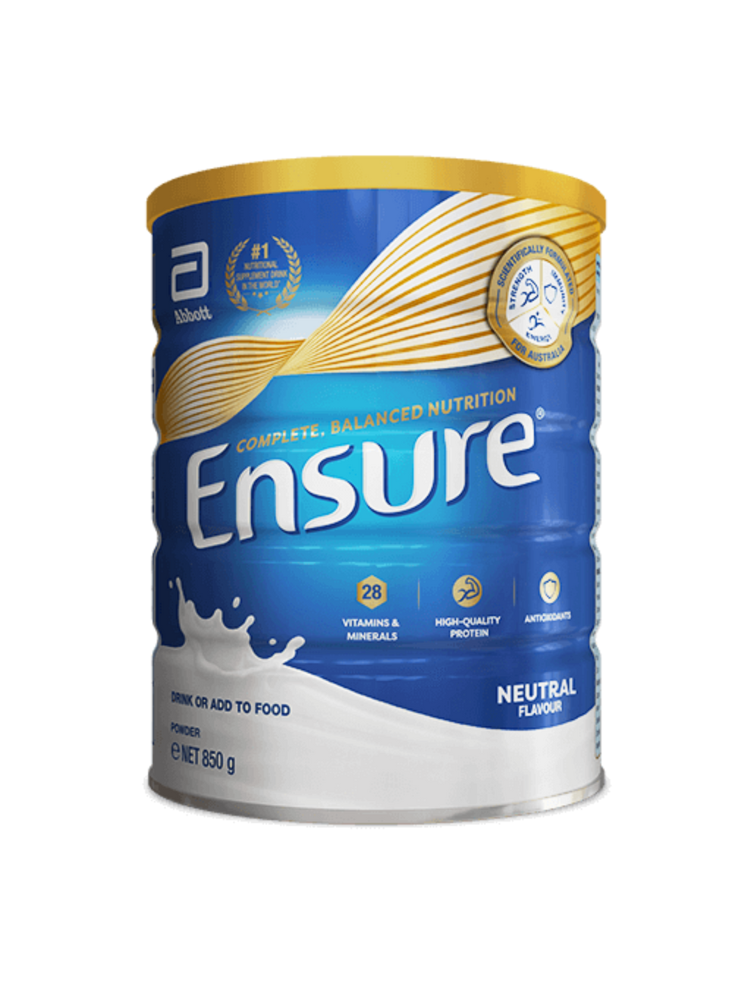 DHL Ensure Powder Neutral in 850g cans, stacked with a neutral color label and a clear view of the can's design.