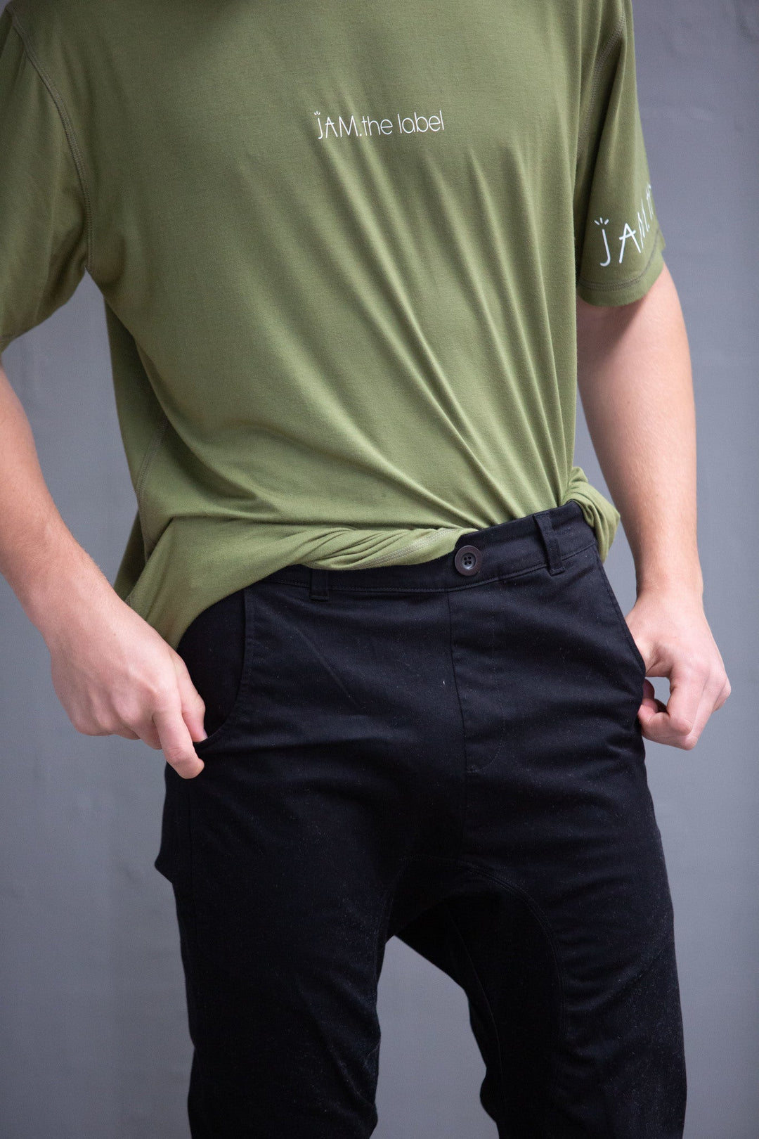 JAM the Label Chino Pant in a close-up view, showcasing fabric texture and tailored fit.