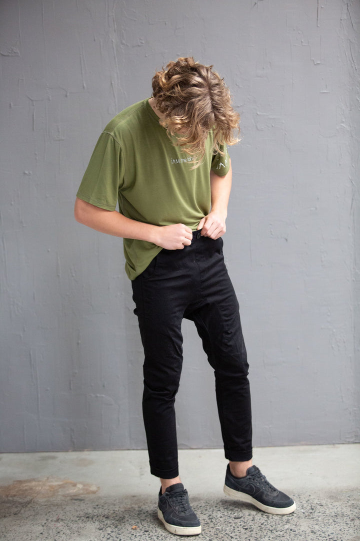 JAM the Label chino pant in dark color, showcasing a stylish, casual clothing design with a comfortable fit.