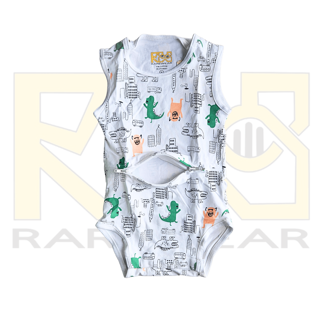 RareWear OneEase Signature Kids Bodysuit featuring a colorful dinosaur design and soft fabric, perfect for children&
