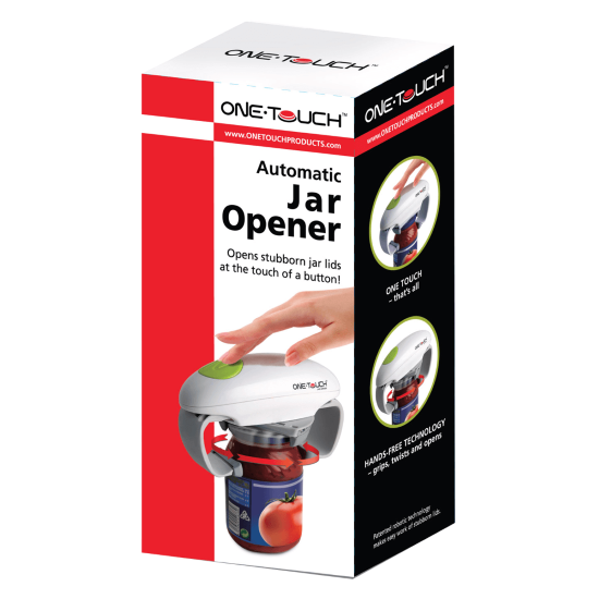 Aidacare ONE TOUCH Jar Opener showing ergonomic handle and jar gripping mechanism for easy lid removal.