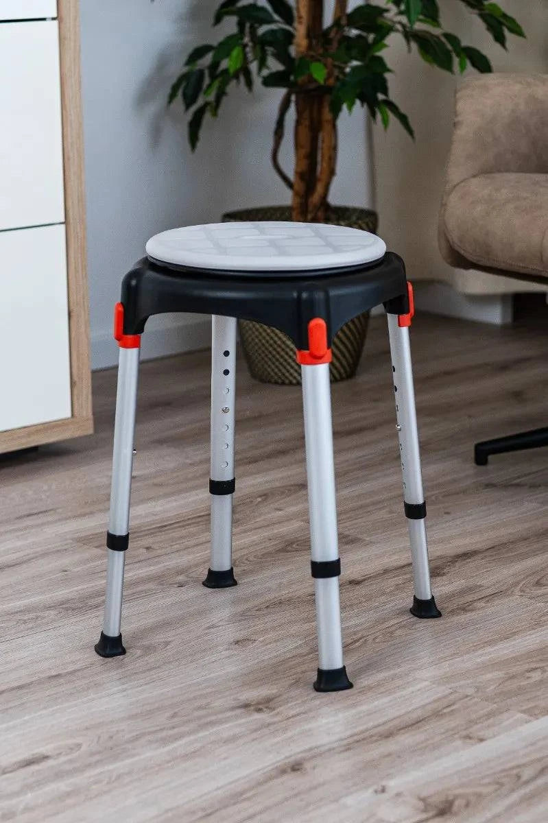 Performance Health King Rotating Round Stool with Tray, featuring a sturdy design and comfortable seating for mobility assistance.