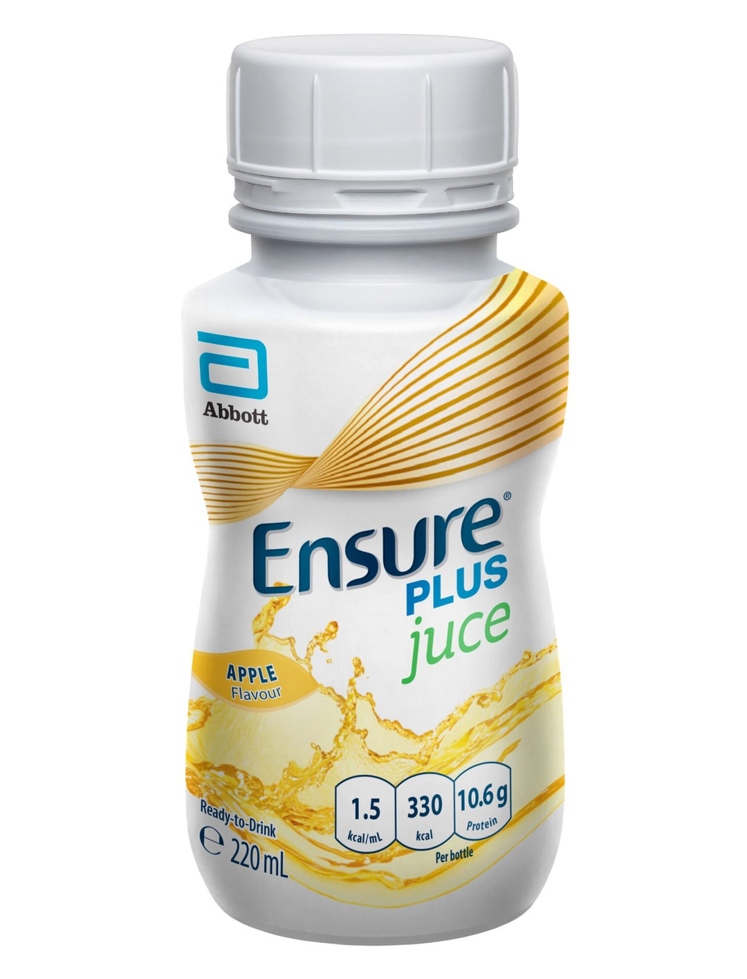 Carton of 30 Abbott Nutrition Ensure Plus Juce Apple fruit-flavored nutrition drinks, clear juice with apple flavor in packaging