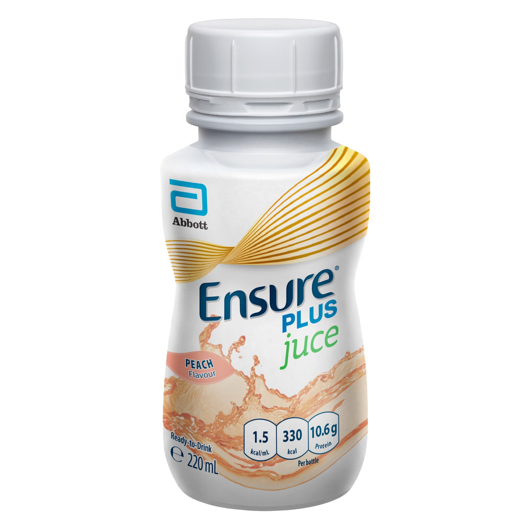 Carton of 30 Abbott Nutrition Ensure Plus Juce Peach fruit-flavored nutritional drinks, clear peach juice flavor, nutritional supplement.