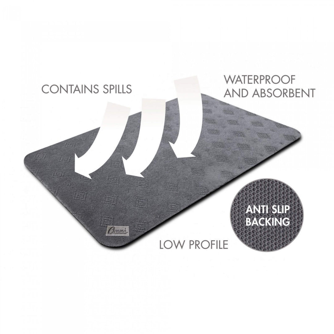 Conni anti-slip absorbent floor mat in mid runner size with Manchester pattern, designed for safety and comfort on floors.