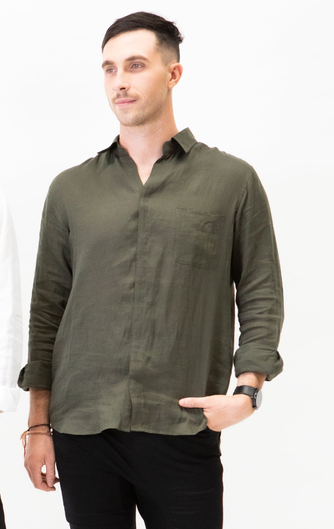 Front view of JAM the Label men's linen shirt in a light fabric, showcasing a relaxed fit and classic collar design.
