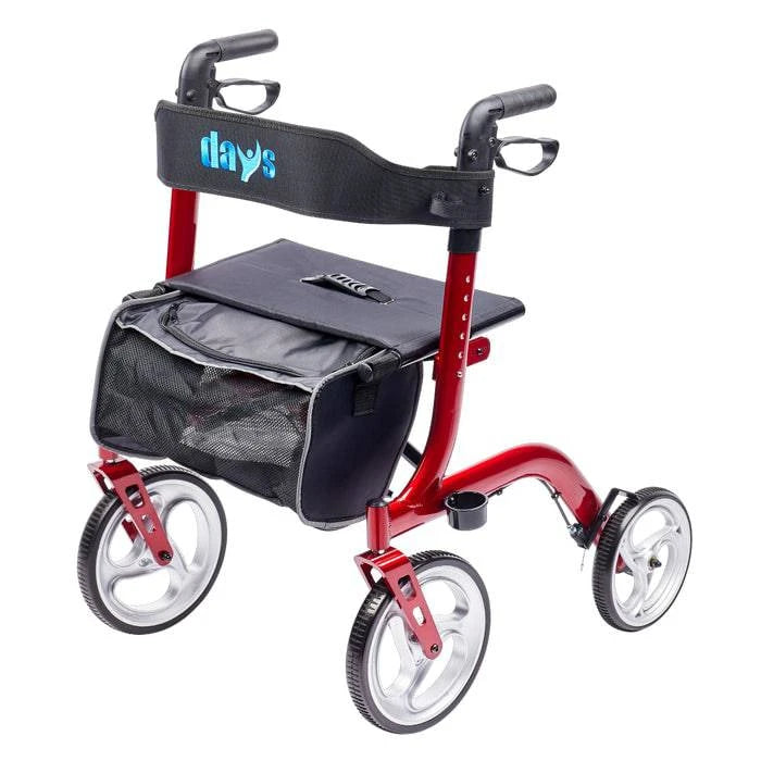 Red Performance Health Days Superlite Deluxe Rollator with ergonomic handles and sturdy frame for enhanced mobility support.