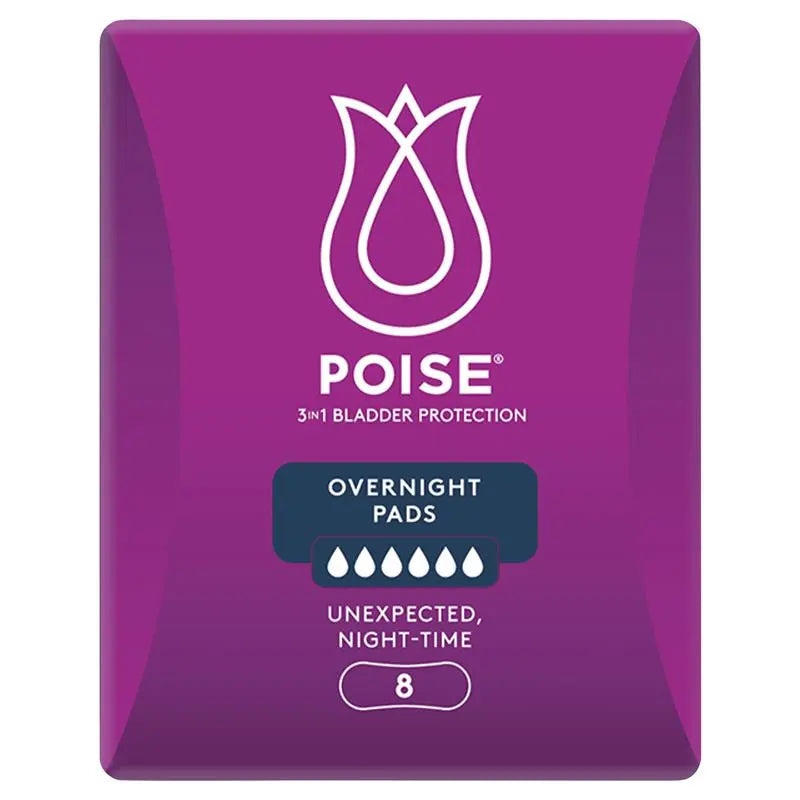Poise Pads for bladder leaks, overnight protection, 8-pack by Sigma, featuring soft, absorbent material for comfort.