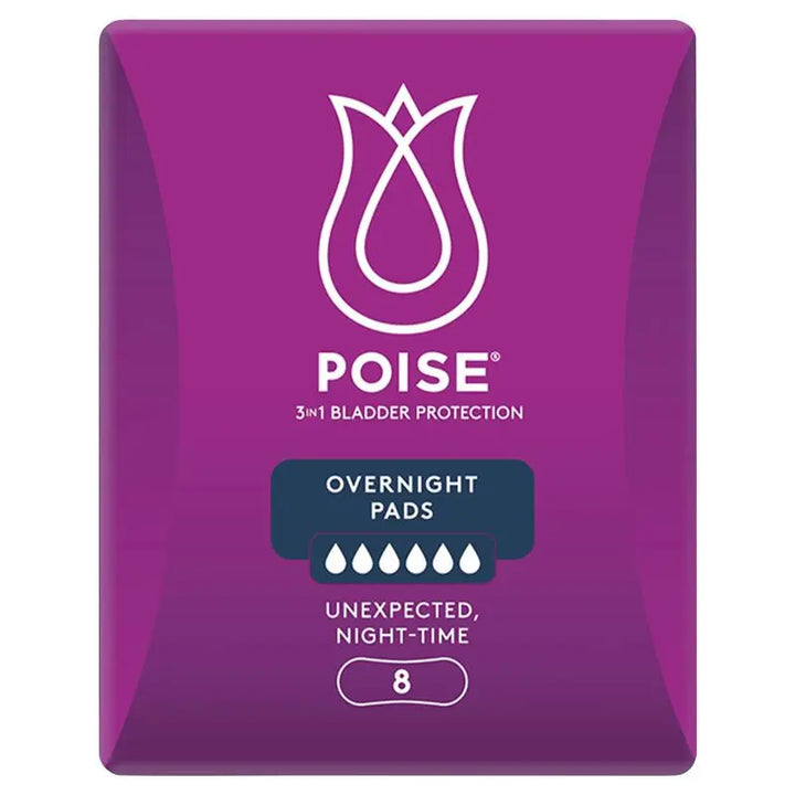 Poise Pads for bladder leaks, overnight protection, 8-pack by Sigma, featuring soft, absorbent material for comfort.