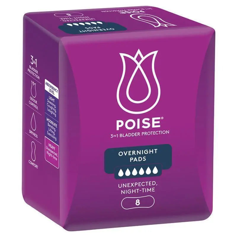 Sigma Poise Pads for overnight bladder leaks in an 8-pack, showcasing the product's size and absorbent design.