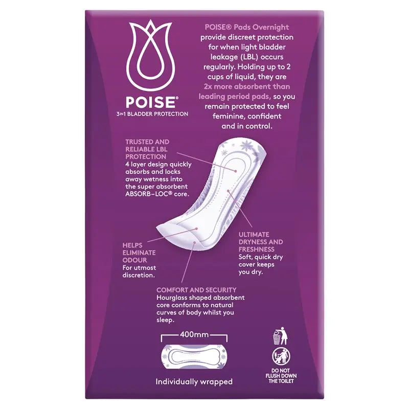 Poise Pads for bladder leaks, overnight protection, 8 pack, featuring soft absorbent material by Sigma.
