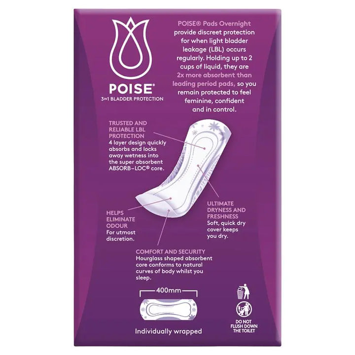 Poise Pads for bladder leaks, overnight protection, 8 pack, featuring soft absorbent material by Sigma.