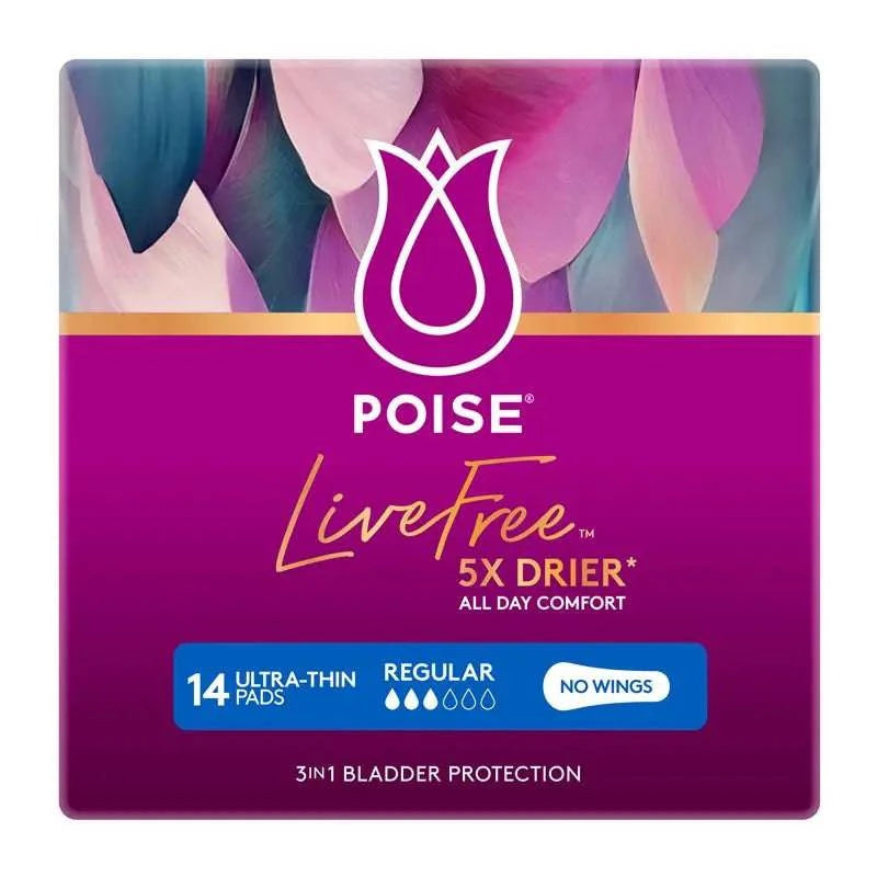 Poise LiveFree Regular Pad No Wings by Sigma, featuring a soft surface and absorbent core for comfortable protection.